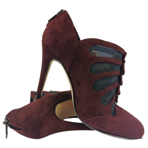 Sarah Flint Burgundy Blake Ankle Boots Suede Booties Mesh Cutouts Pumps Heels - Picture 10 of 15